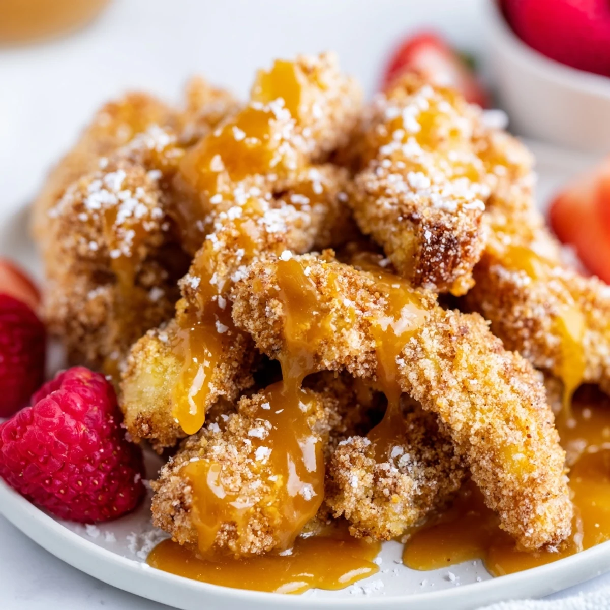 Crispy golden Salted Caramel Apple Fries arranged on a rustic wooden board with drizzled caramel sauce and fresh berries.