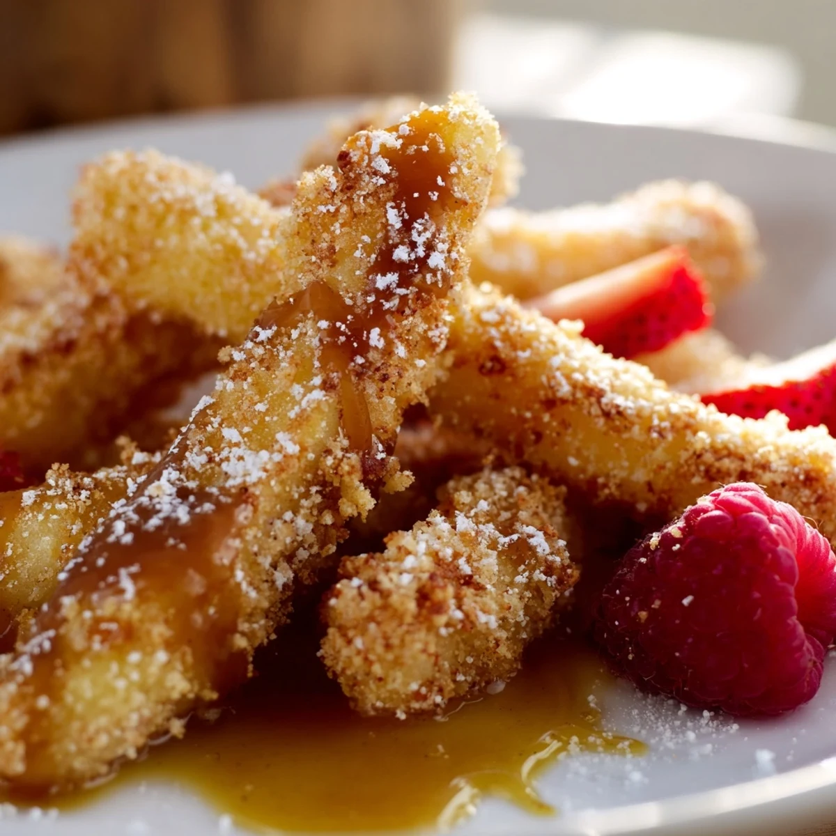 A vibrant dessert platter showcasing Salted Caramel Apple Fries, dusted with powdered sugar and served with sweet dippables.