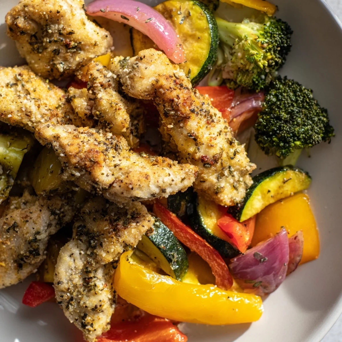 Golden brown chicken pieces and vibrant bell peppers in the 10-Minute Air Fryer Chicken and Veggies recipe, steaming hot and served as a healthy dinner.