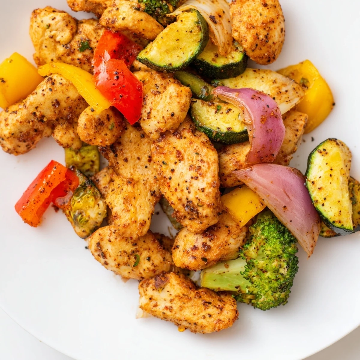 A close-up of the 10-Minute Air Fryer Chicken and Veggies, featuring tender chicken breast and crisp broccoli florets on a white plate.
