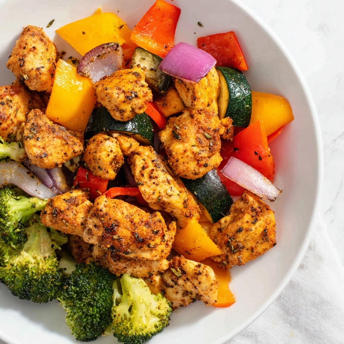 Delicious 10-Minute Air Fryer Chicken and Veggies with zucchini and red onion, coated in smoky seasoning and ready to eat on a busy weeknight.
