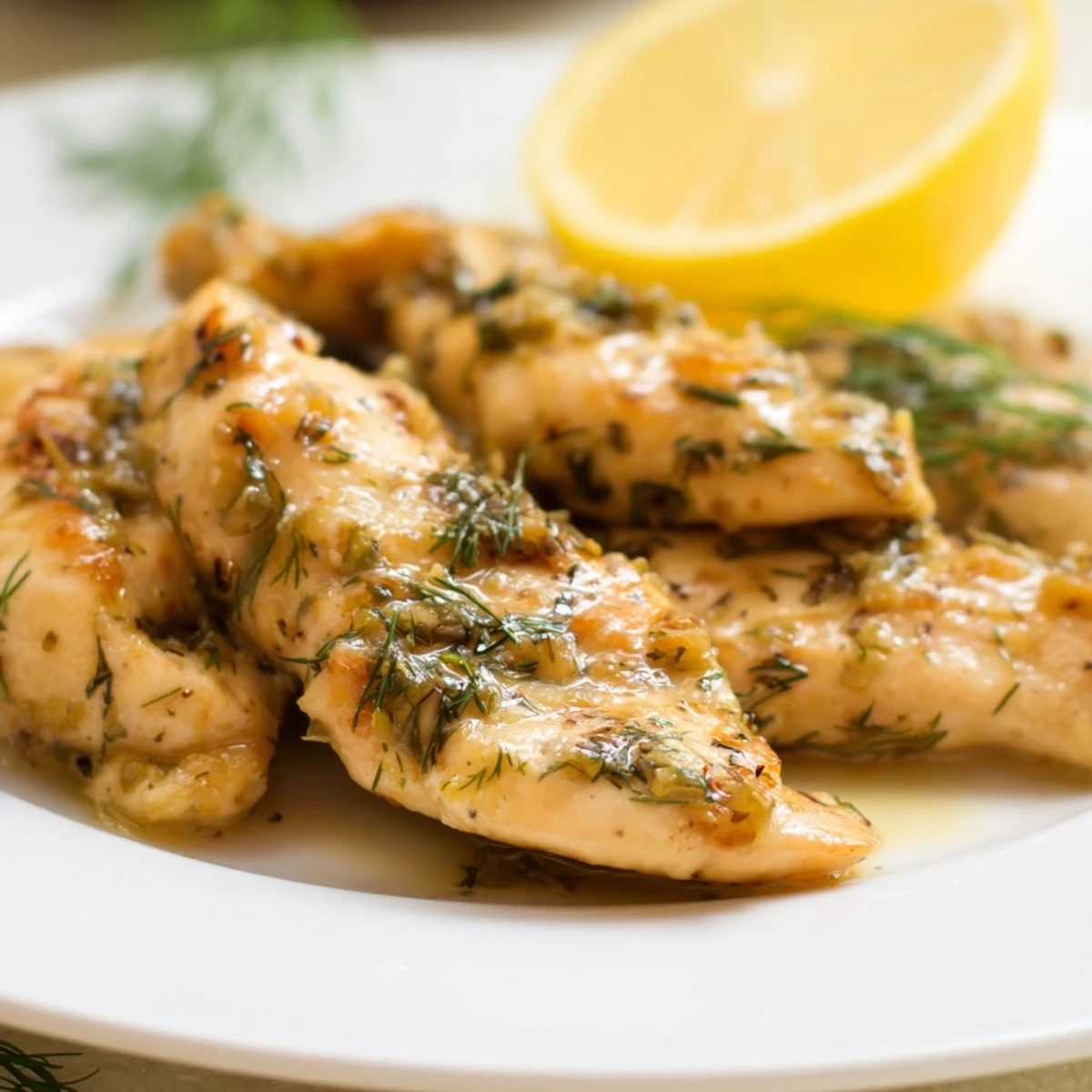 Freshly baked Paleo Lemon Dill Chicken breasts garnished with lemon slices and chopped dill on a white plate.  