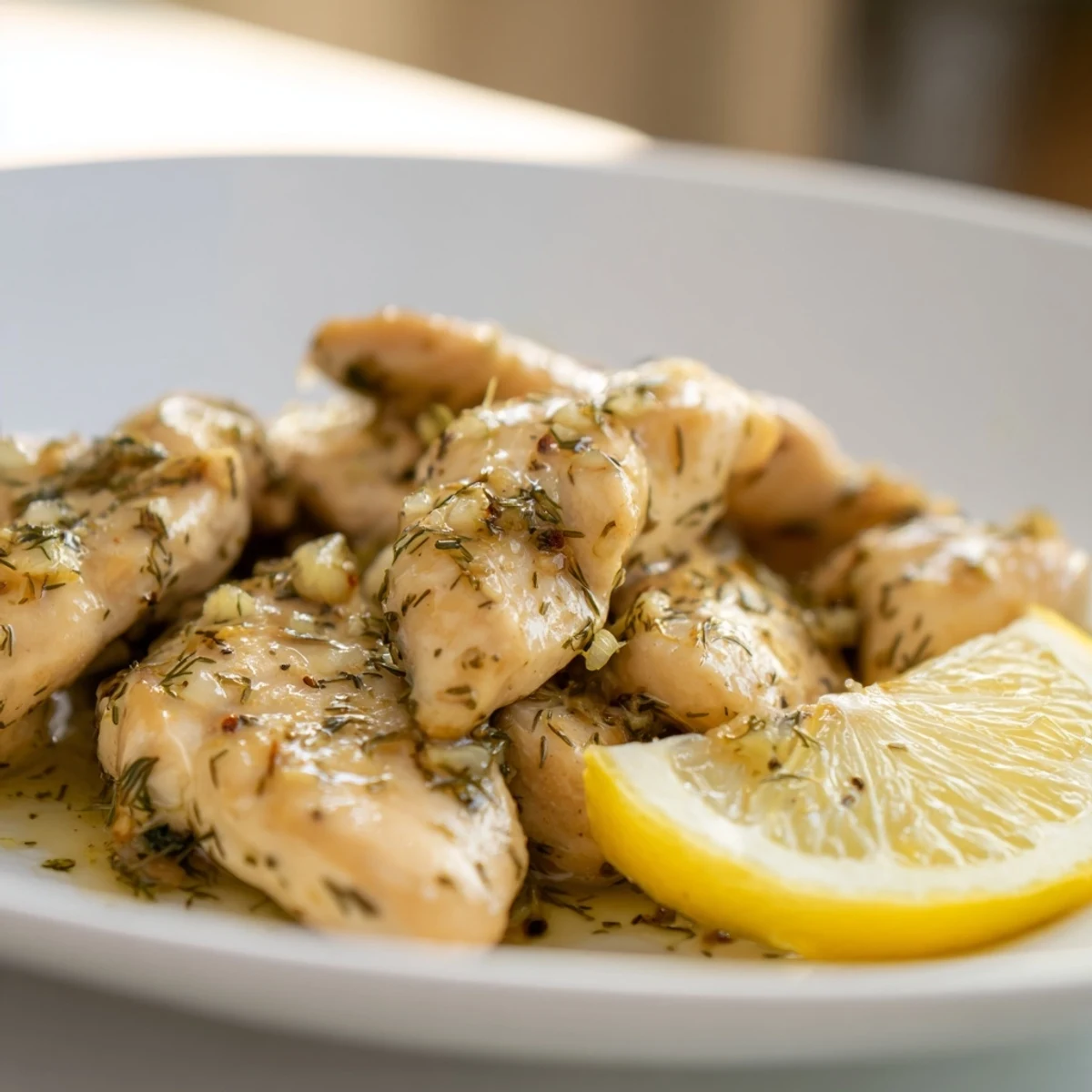Tender, juicy chicken thighs baked with lemon juice and fresh dill on a rustic wooden serving board.  