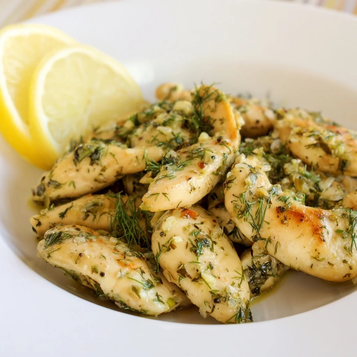 Paleo Lemon Dill Chicken served with roasted vegetables and cauliflower rice on a family-style dinner table.