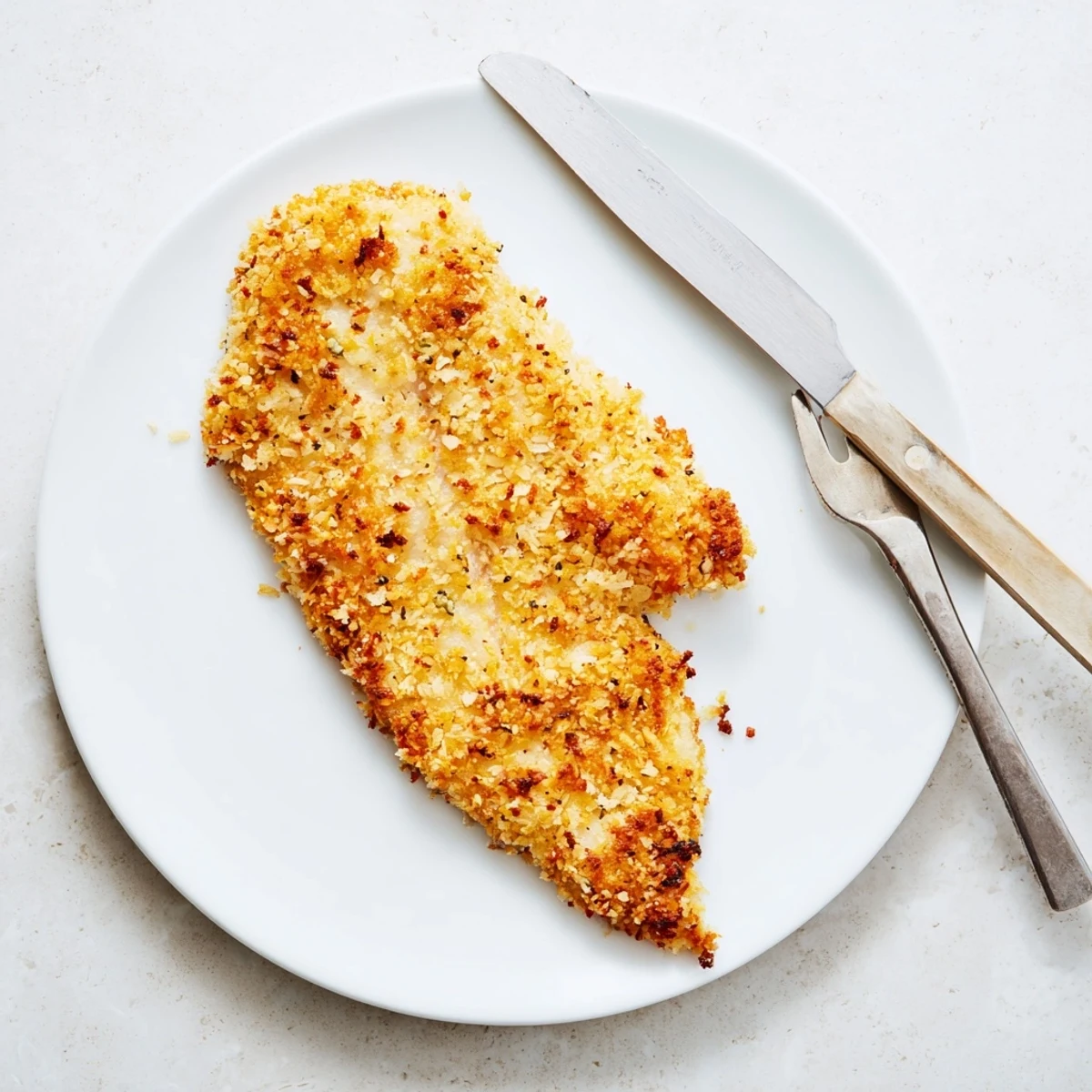 Juicy Air Fryer Breaded Chicken Breast with crunchy panko Parmesan crust resting beside a fresh garden salad.
