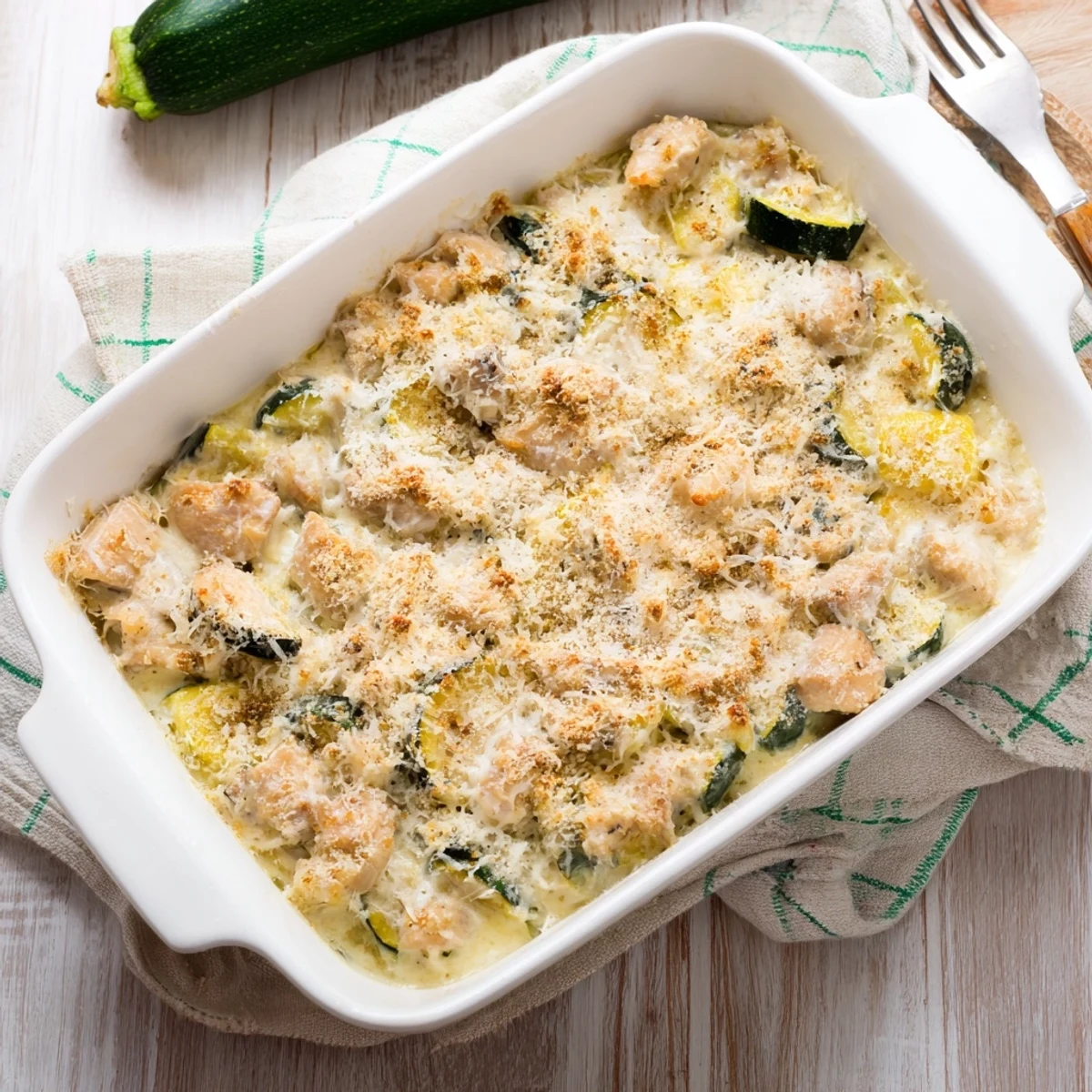 Sliced zucchini and tender chicken pieces peek through the creamy, bubbly sauce of the casserole.
