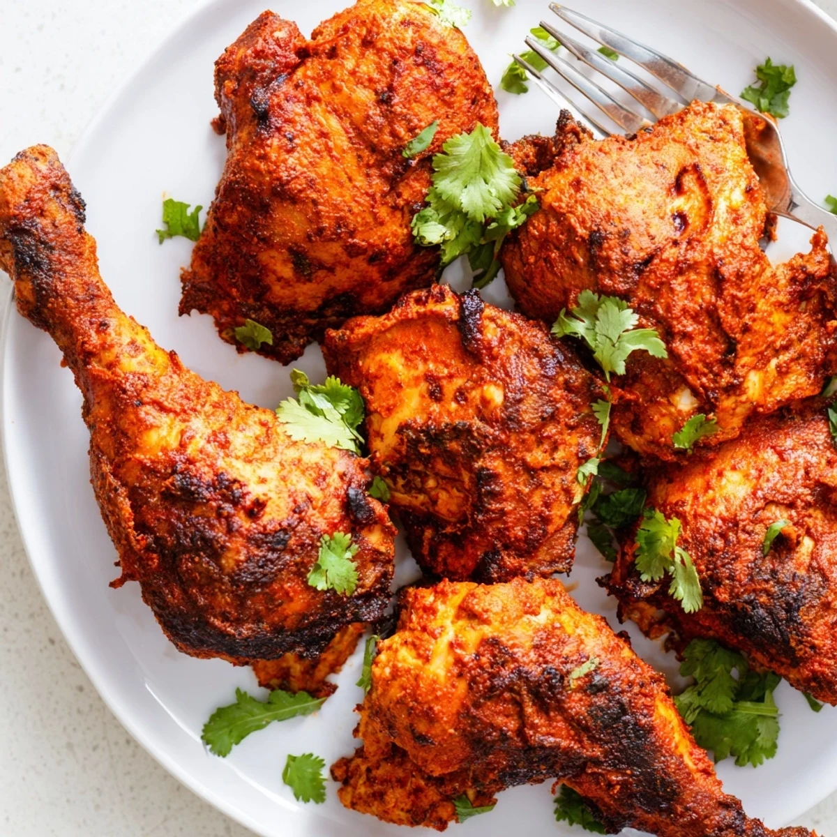 Juicy Tandoori Chicken thighs roasted with vibrant red spices, served with lemon wedges and fresh cilantro.