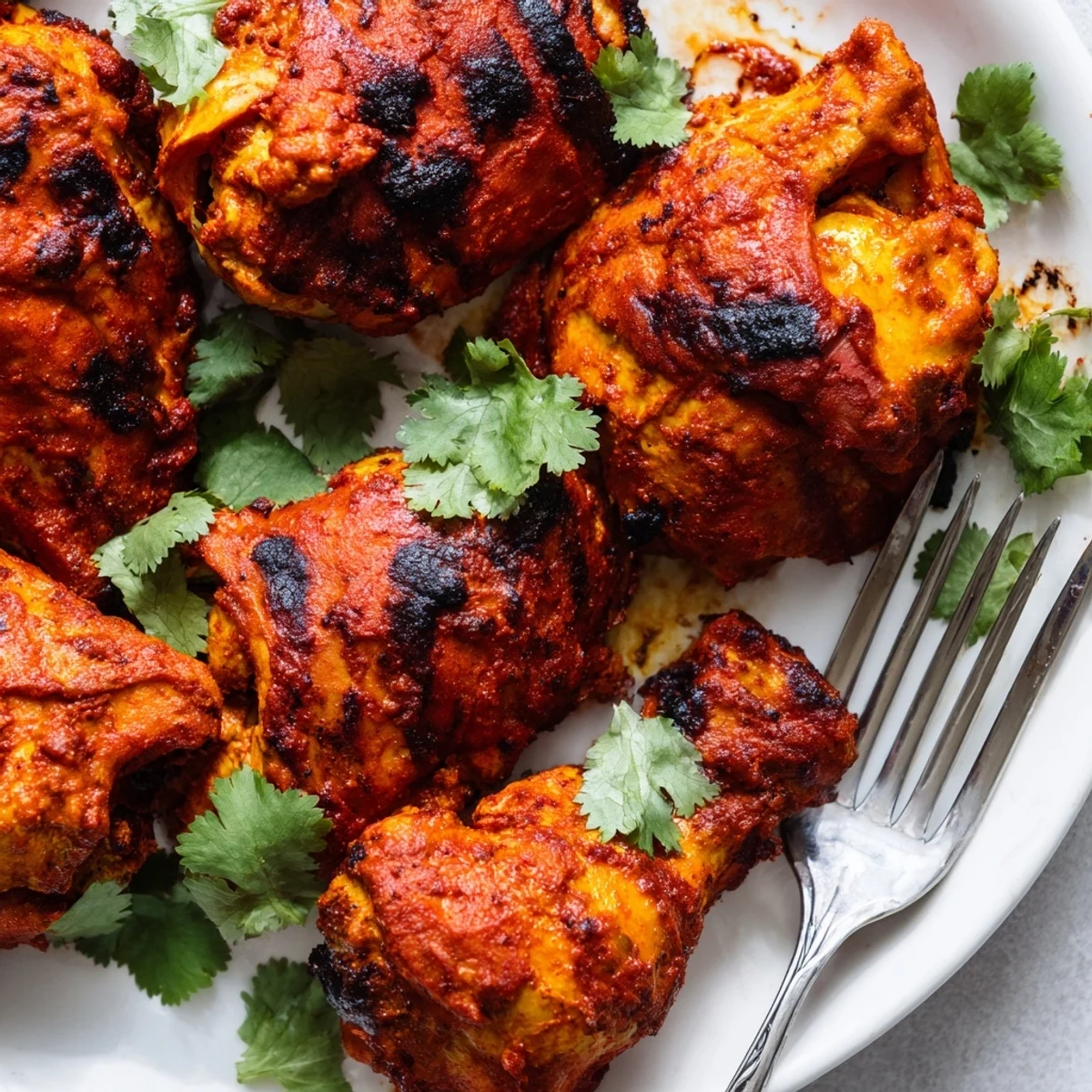 Golden-brown Tandoori Chicken pieces sizzling on a wire rack, with a smoky char and aromatic spice crust.