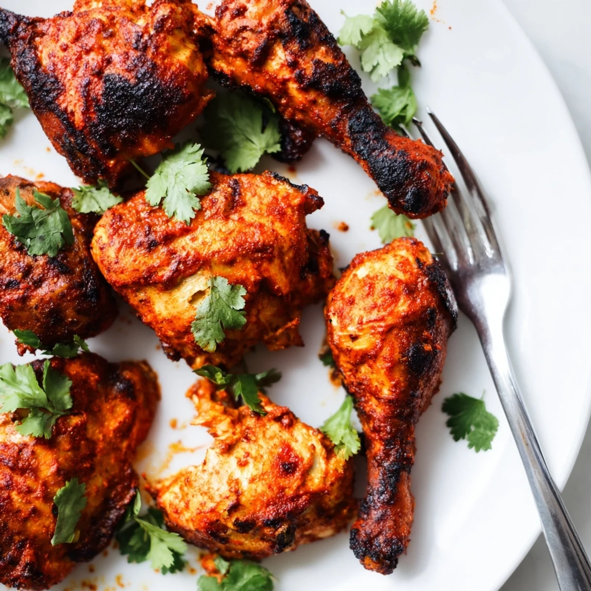 Tender Tandoori Chicken drumsticks garnished with red onion slices, ready to be paired with naan and basmati rice.