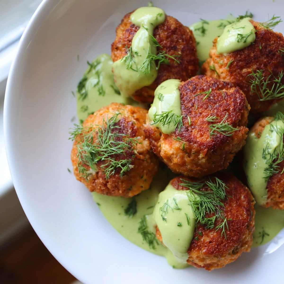 Golden-brown Salmon Balls sizzling in a skillet, topped with a vibrant green, creamy avocado sauce for dipping.