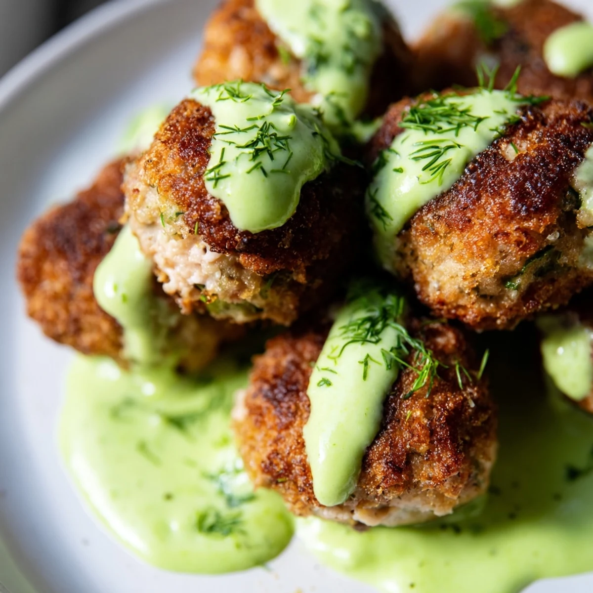 Close-up shot of Salmon Balls, showing crispy edges beside a smooth, pale green avocado sauce garnish.