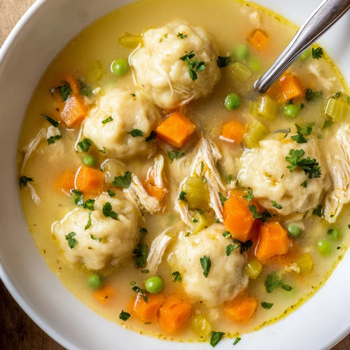 A close-up of One Pot Chicken Dumpling Soup showing fluffy dumplings on golden broth with tender chicken and peas.