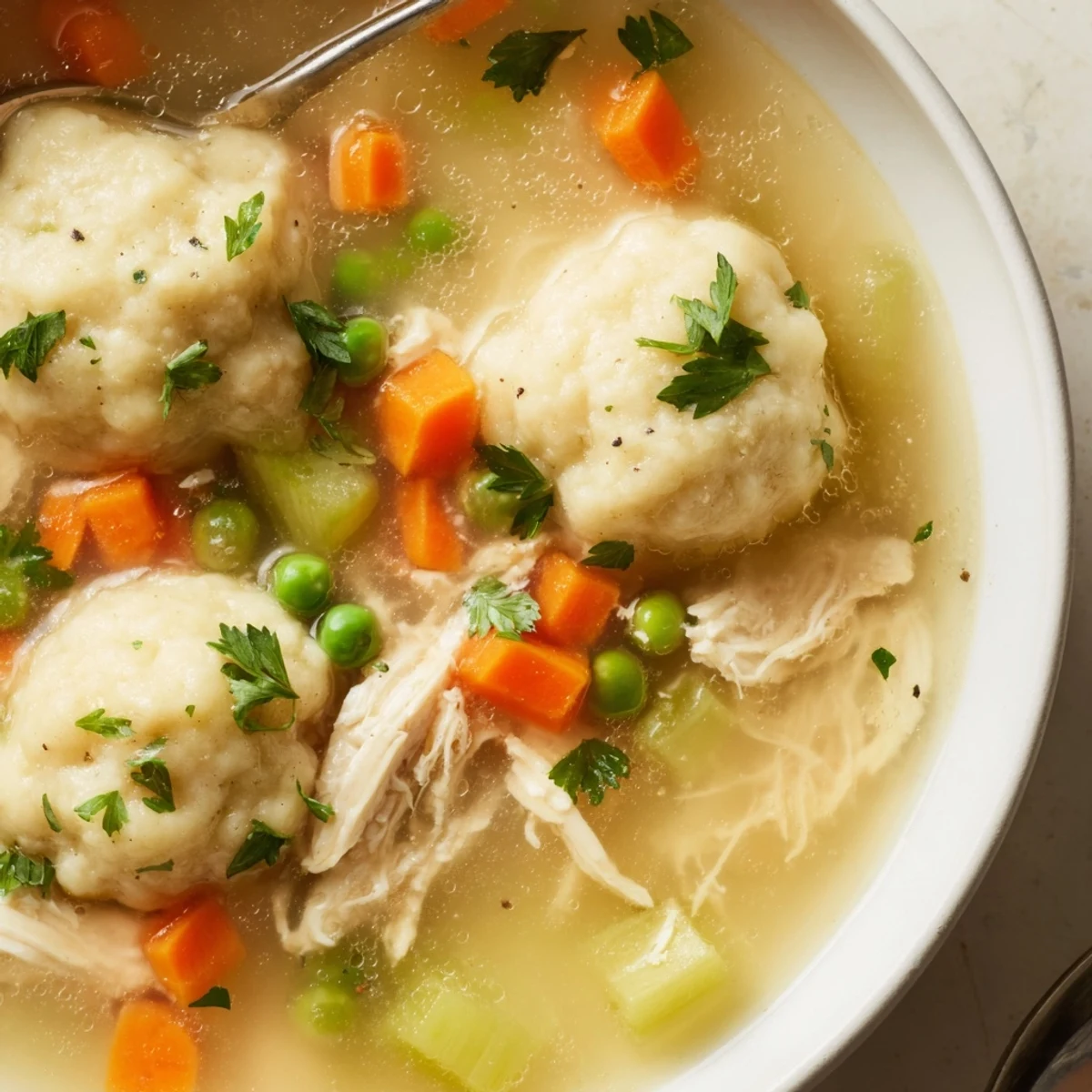 Family-style pot of One Pot Chicken Dumpling Soup with vegetables and shredded chicken, ready to serve for dinner.