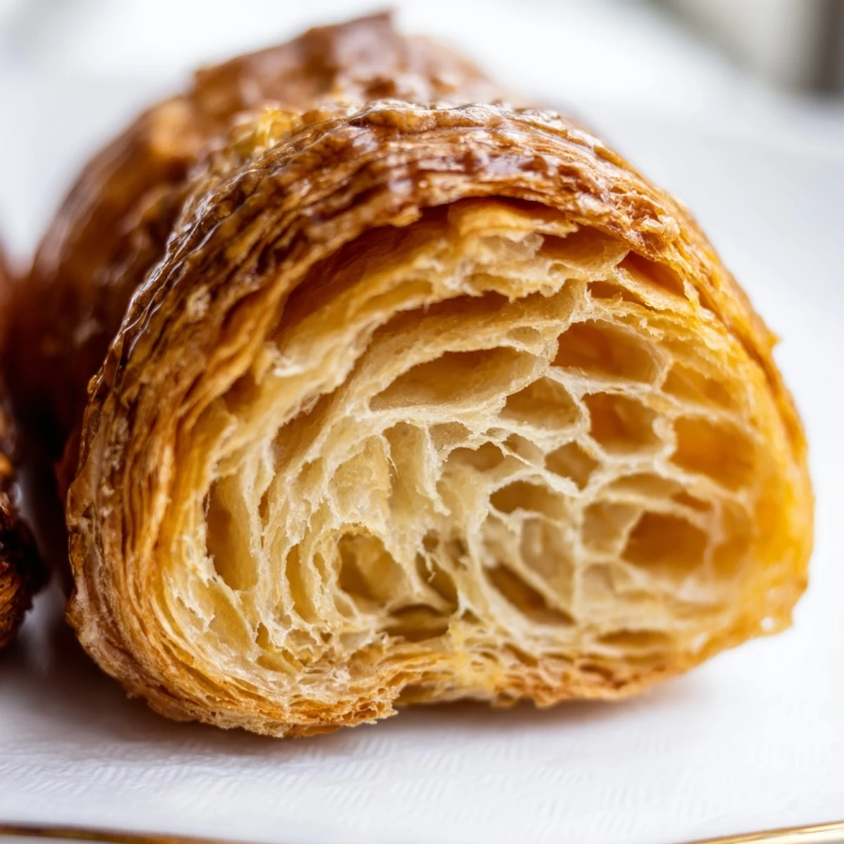 Close-up of warm Gluten-Free Croissants showing buttery, light texture on a white plate.