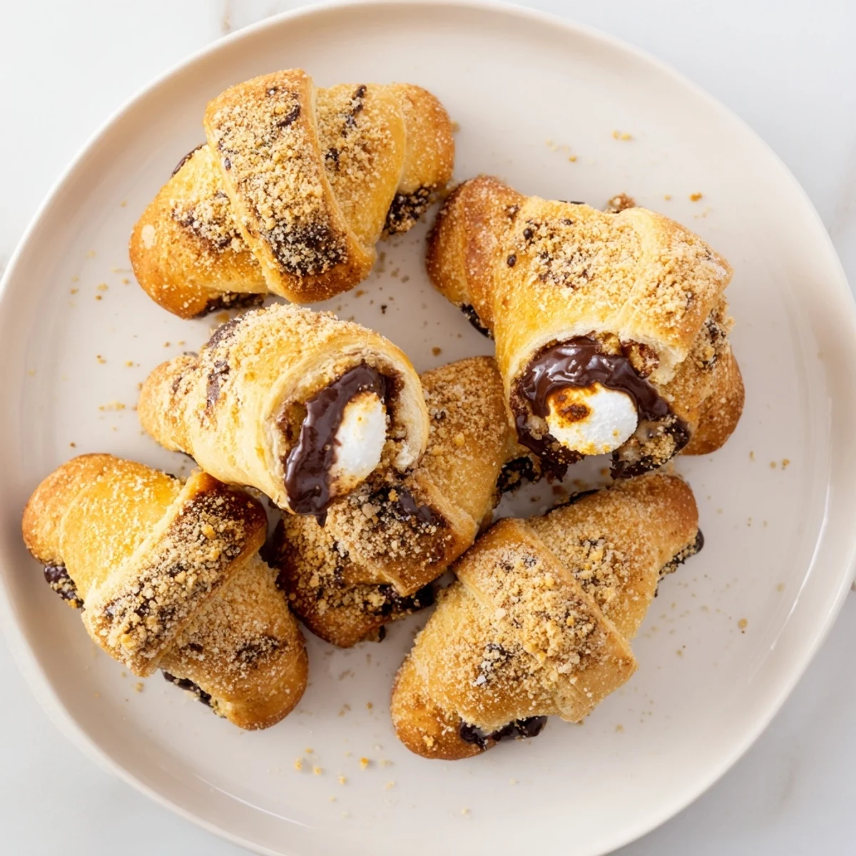 Golden-brown Smores Crescent Rolls with melted chocolate and marshmallow filling, topped with crunchy graham cracker crumbs, served warm on a baking sheet.