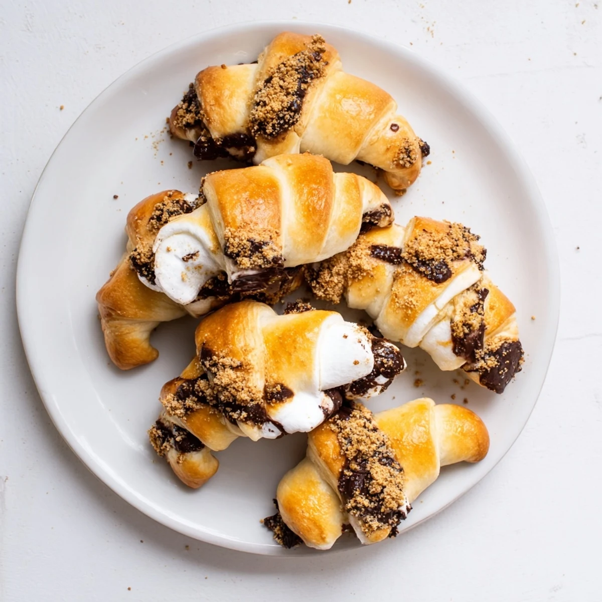 Warm Smores Crescent Rolls fresh from the oven, revealing gooey chocolate centers and toasted marshmallows inside flaky crescent dough.