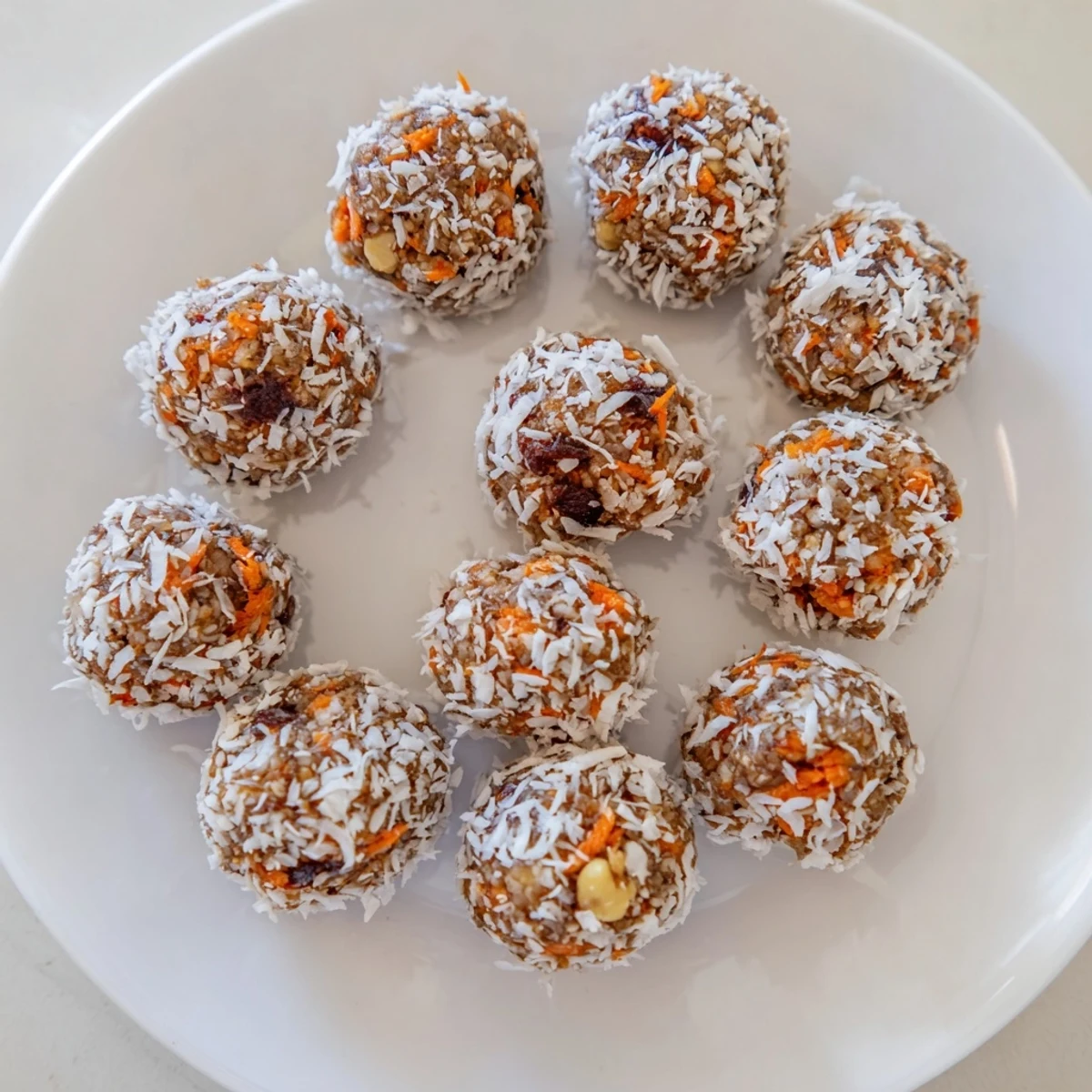 Golden-brown No Bake Carrot Cake Bites rolled in shredded coconut on a white plate. 