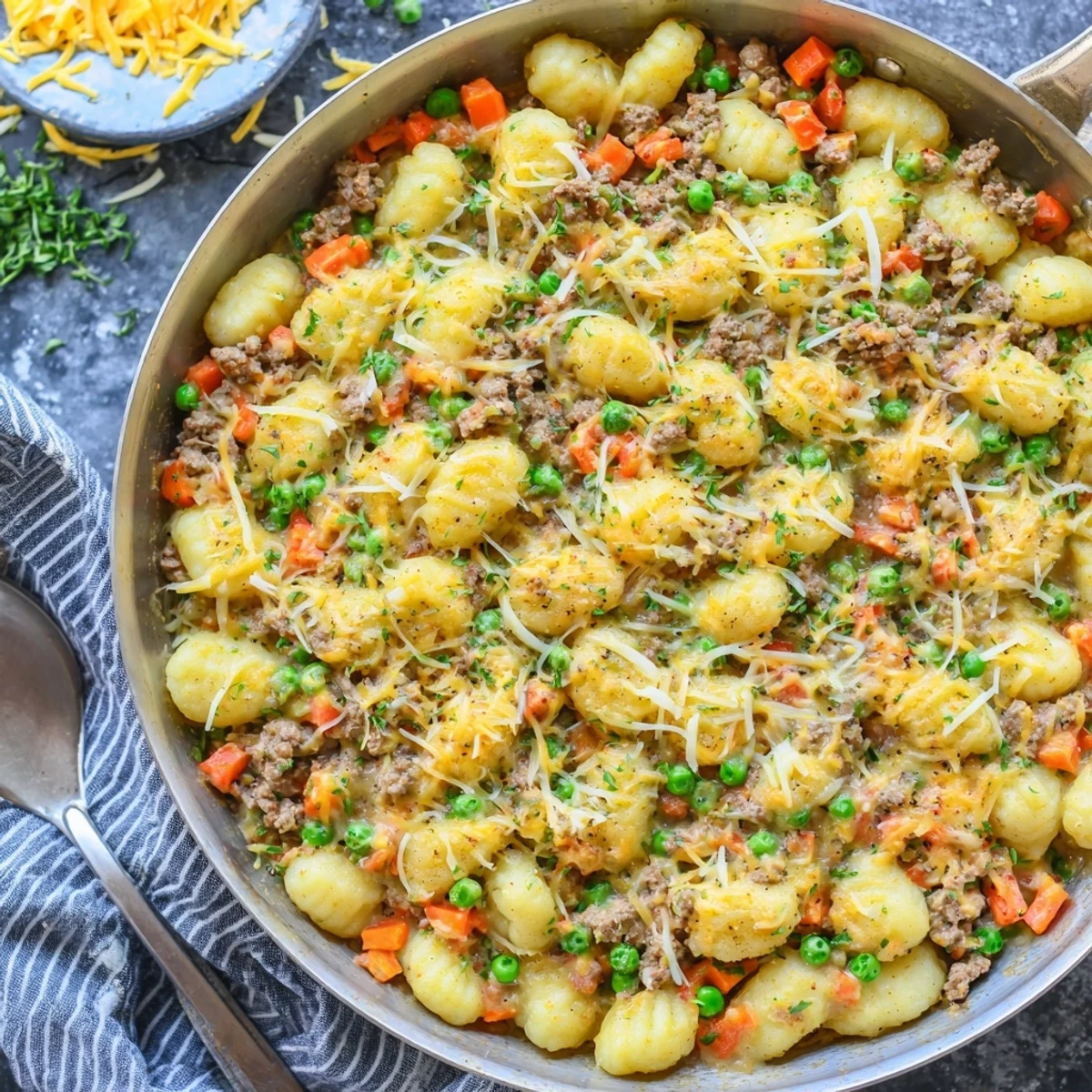 A serving of Quick Gnocchi Shepherds Pie is spooned from a ceramic dish next to a green salad.