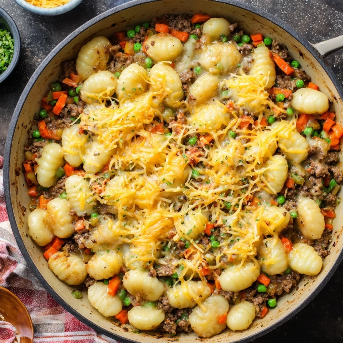Close-up of Quick Gnocchi Shepherds Pie showing gnocchi, ground beef, peas, and melted cheddar cheese.
