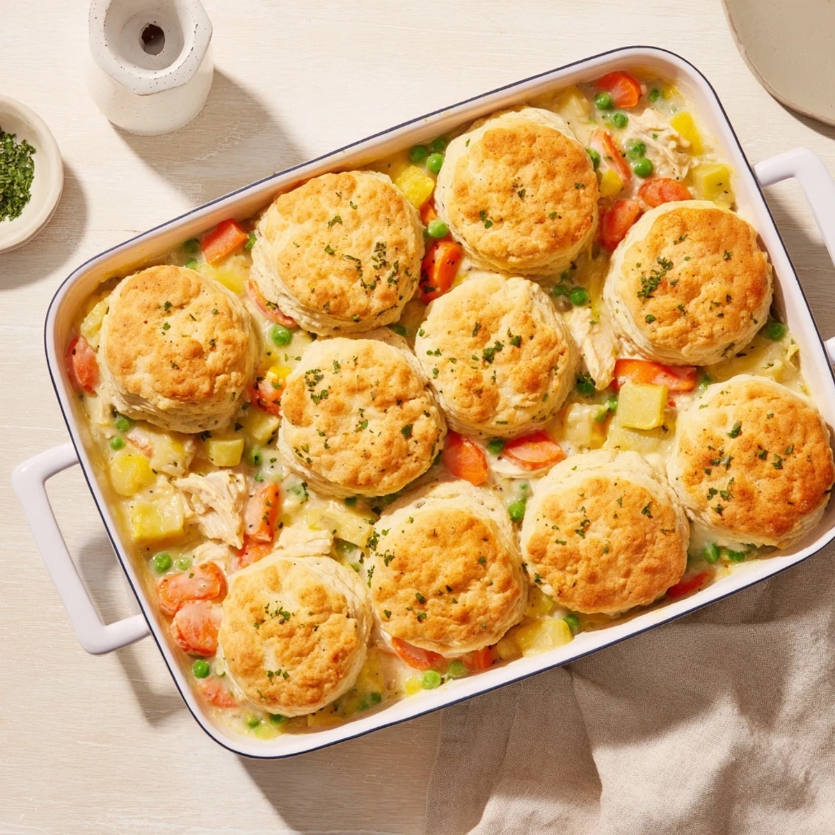 A close-up of Red Lobster Biscuit Chicken Pot Pie with golden, cheesy biscuits peeking over creamy filling.