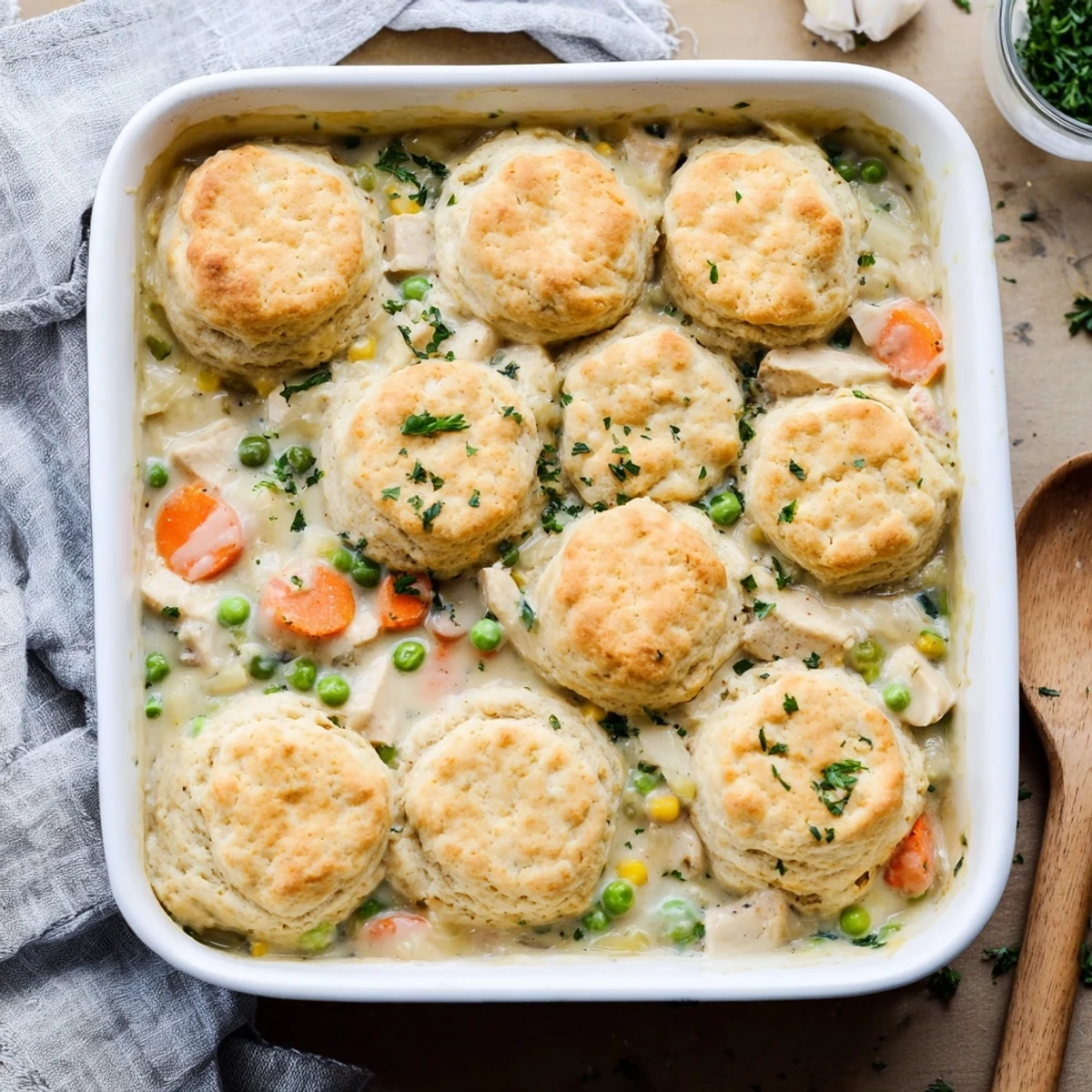 Sliced Red Lobster Biscuit Chicken Pot Pie reveals tender chicken, peas, and carrots in a rich sauce.
