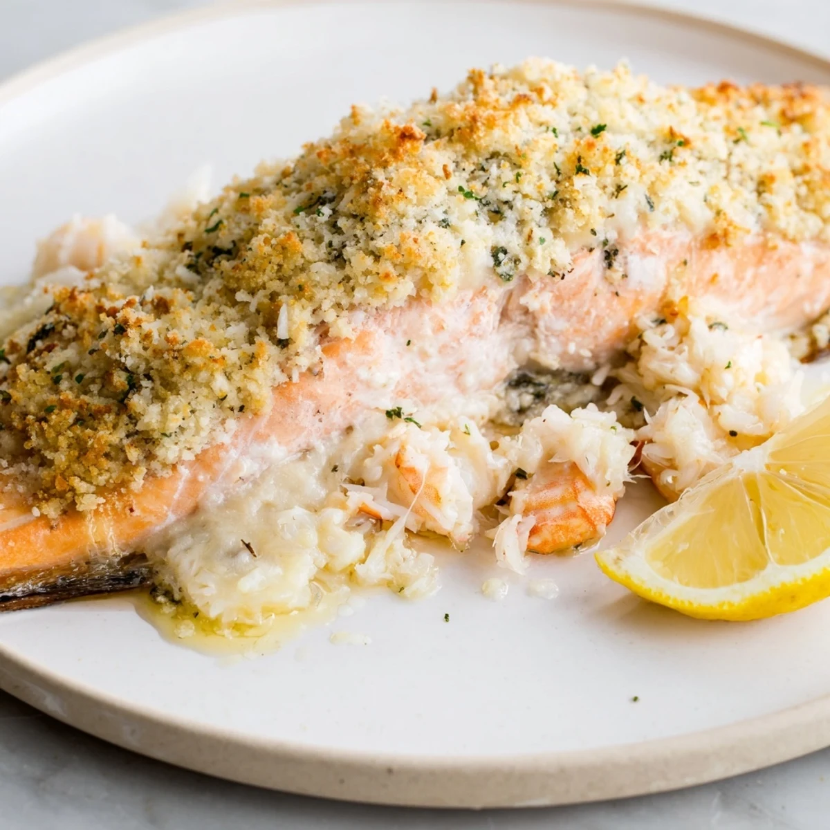 Crab & Shrimp Stuffed Salmon with a creamy seafood filling and parmesan topping on a tray.