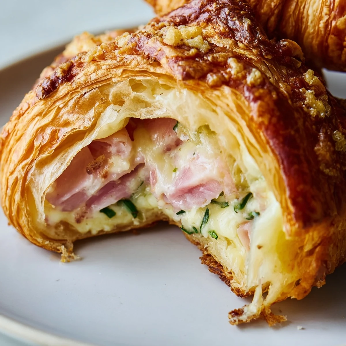 Golden Stuffed Croissants with melted Swiss cheese and ham peeking out from flaky pastry.