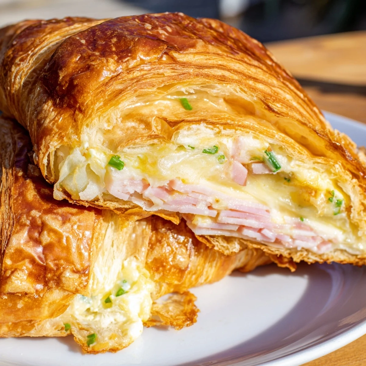 Freshly baked Stuffed Croissants served on a wooden board with a side of fresh greens.