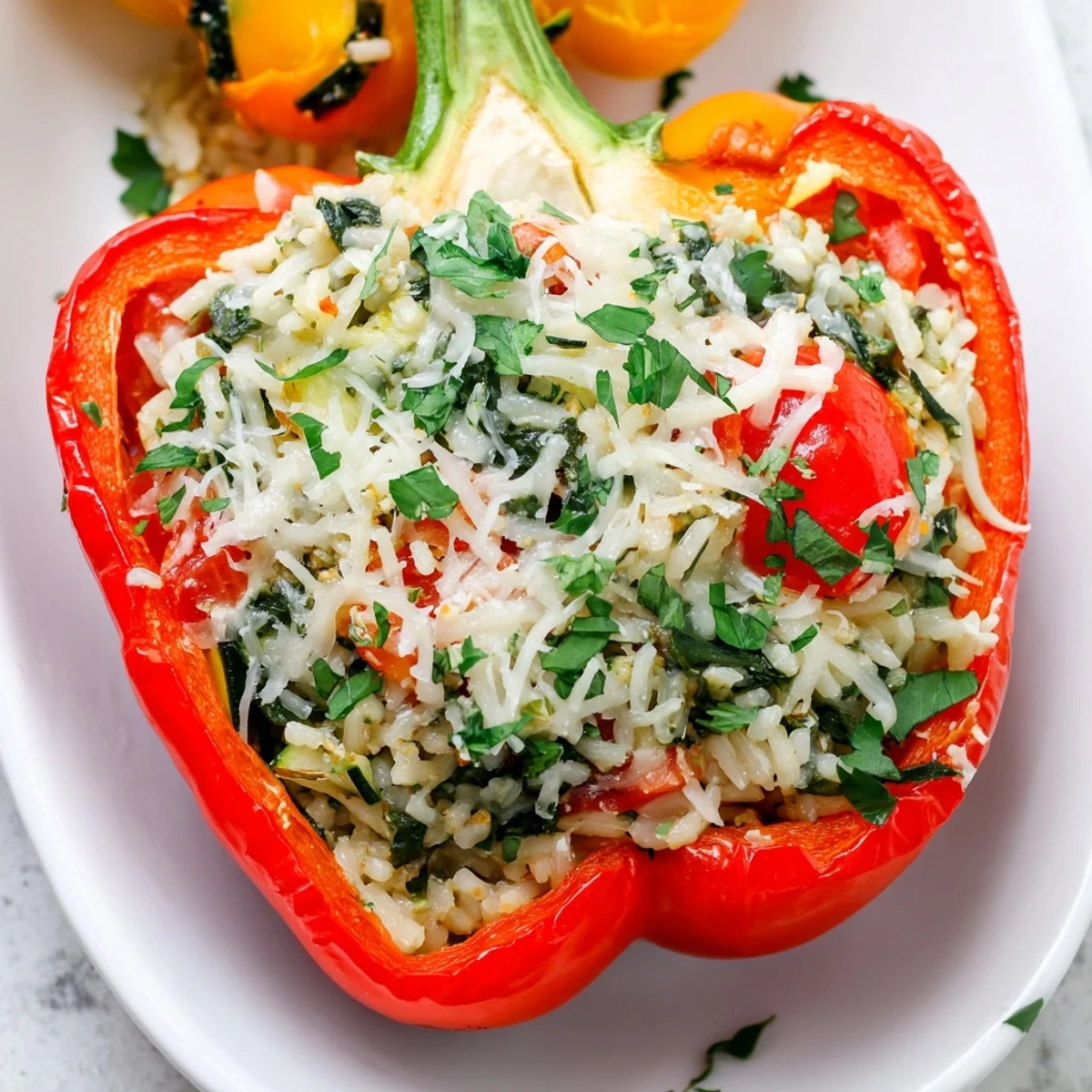 Freshly baked Vegetarian Stuffed Bell Peppers rest on a rustic wooden table, steam rising gently from the tender pepper shells and the melted cheese glazing the hearty filling.