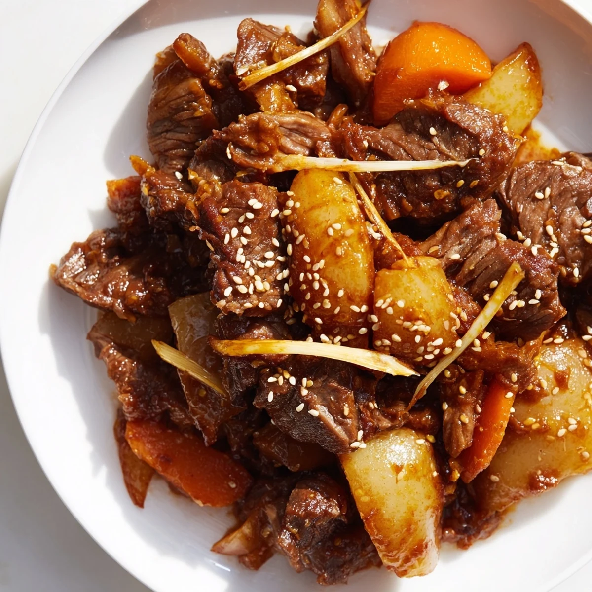A platter of Korean Style Pot Roast garnished with scallions and sesame seeds for serving.