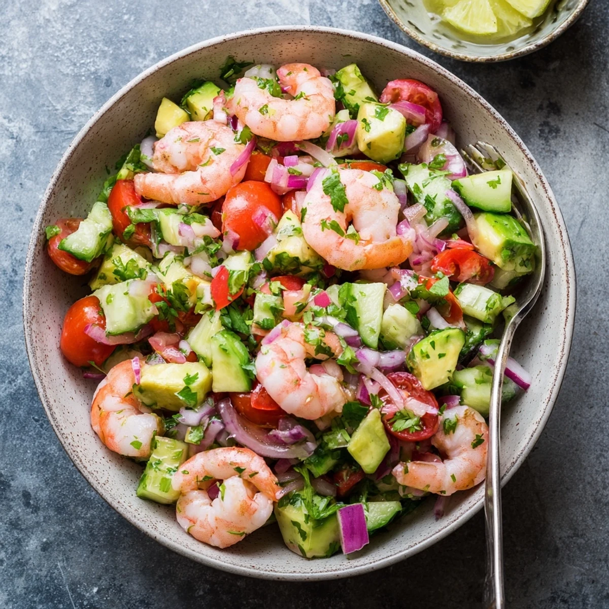 A close-up of Healthy Shrimp Avocado Salad in a white bowl, featuring pink shrimp, green avocado cubes, and red cherry tomatoes tossed in a bright lime dressing.