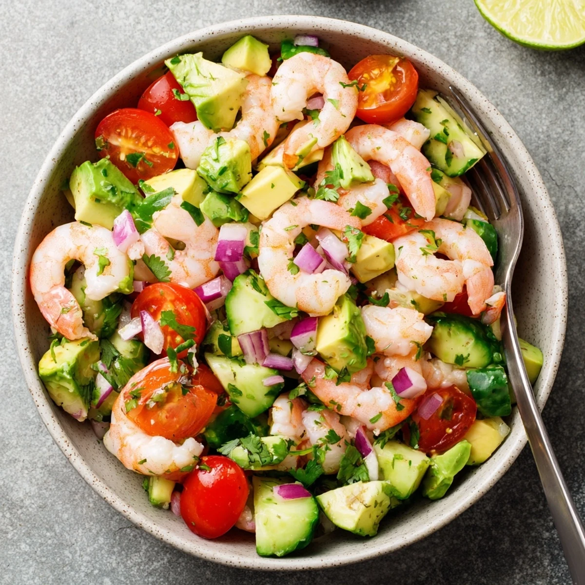 Overhead view of Healthy Shrimp Avocado Salad in a rustic salad bowl, highlighting succulent shrimp, creamy avocado, and a zesty lime vinaigrette ready to serve.