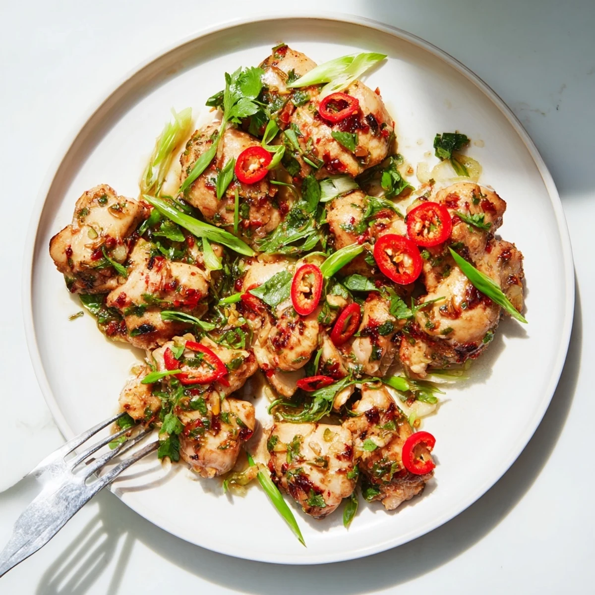 Juicy Vietnamese Lemongrass Chicken thighs are pan-seared with minced lemongrass and garlic, glistening beside fluffy jasmine rice.