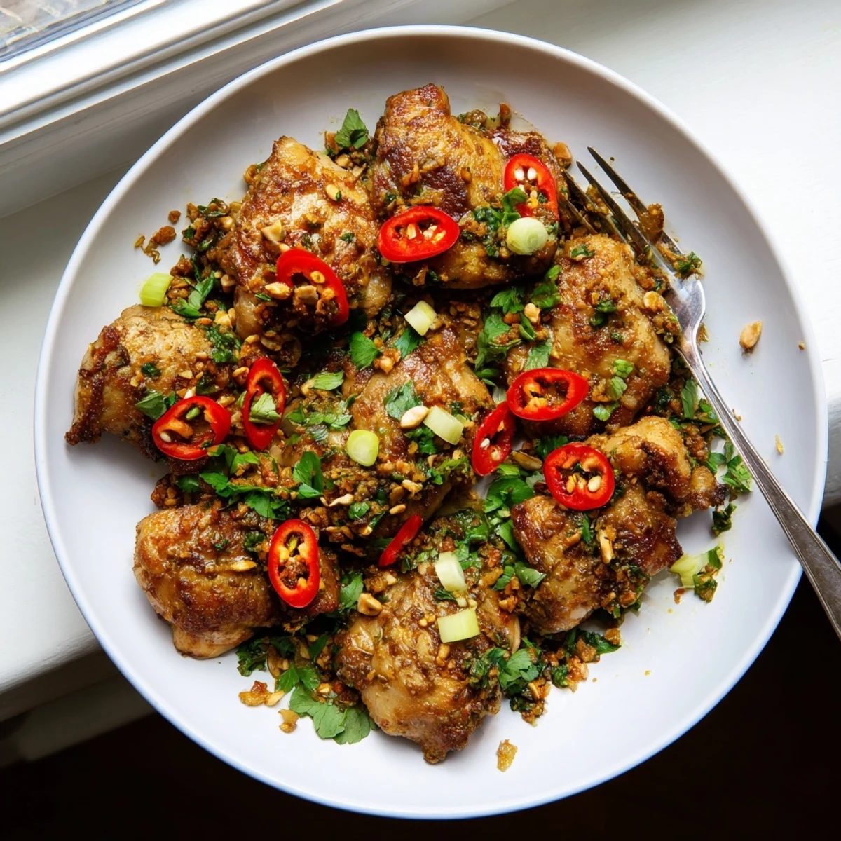 Tender pieces of Vietnamese Lemongrass Chicken marinated in savory fish sauce and spices, served steaming hot with fresh herbs.