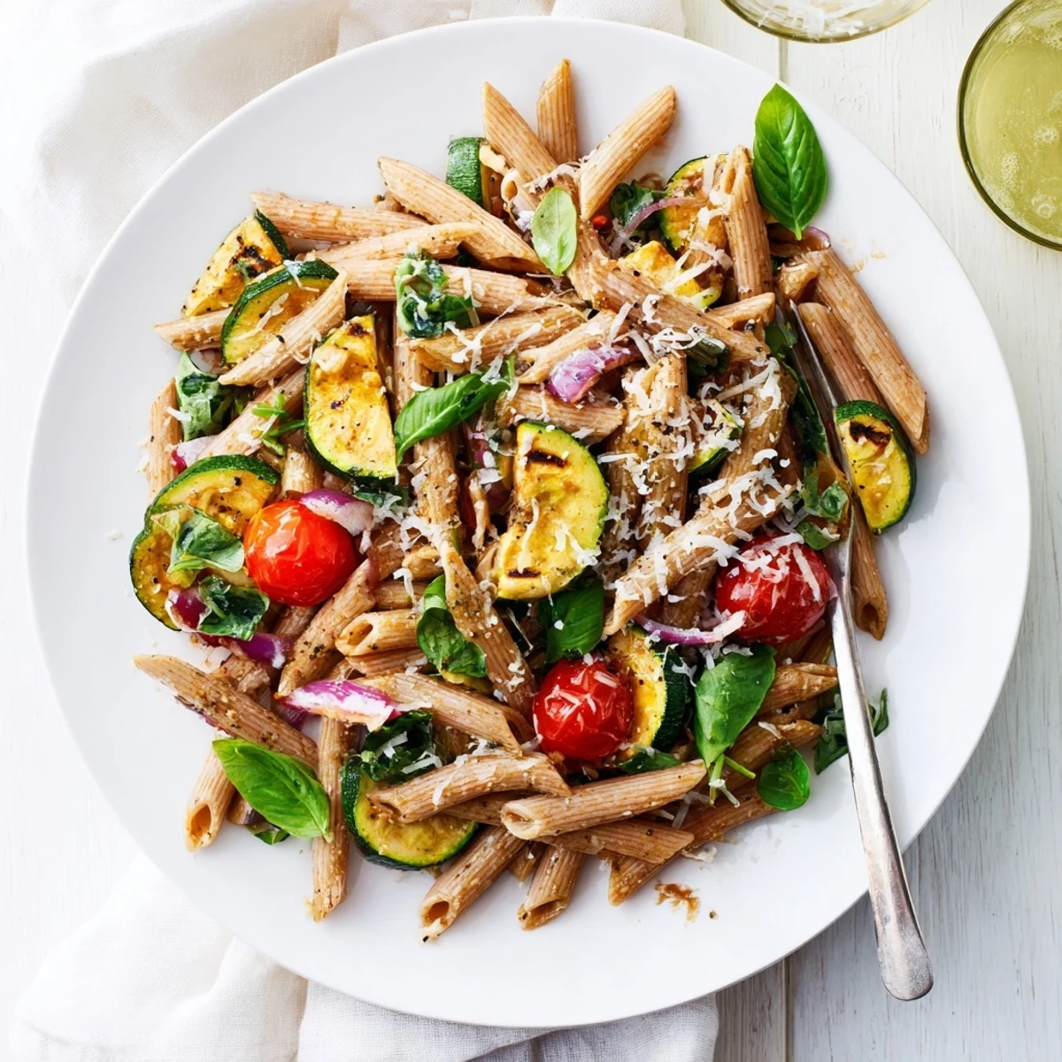 Steaming bowl of Healthy Tomato Zucchini Pasta with sautéed zucchini and bursting cherry tomatoes.