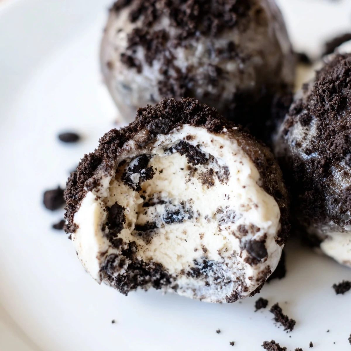 Creamy Oreo protein balls coated in crumbs, served chilled on a tray.
