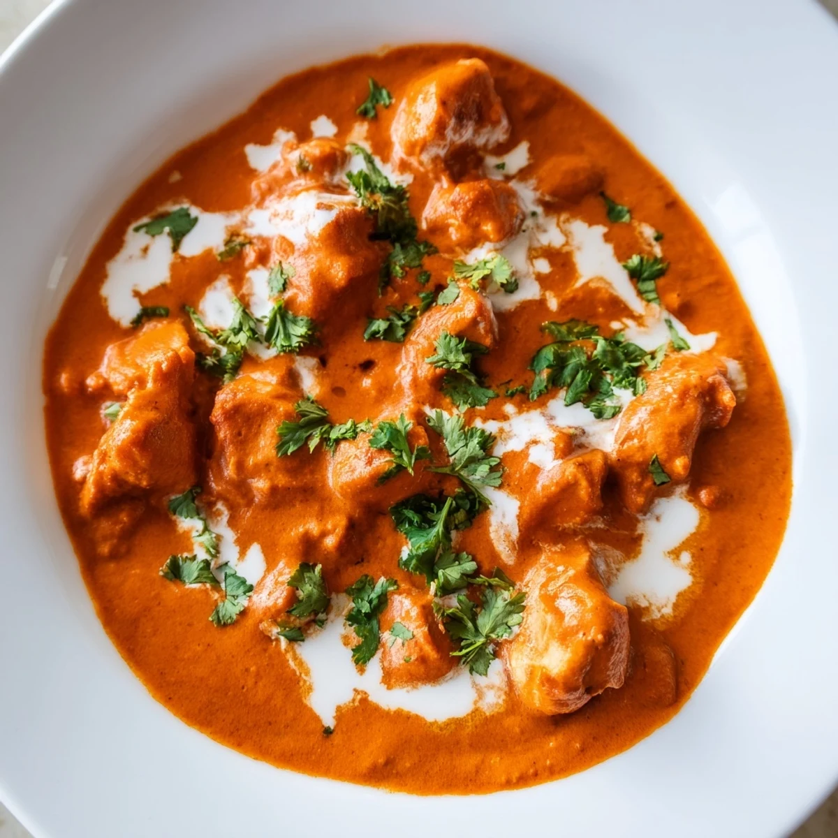 A close-up of golden butter chicken pieces in a spiced, creamy sauce, ready to be scooped up with fluffy naan.