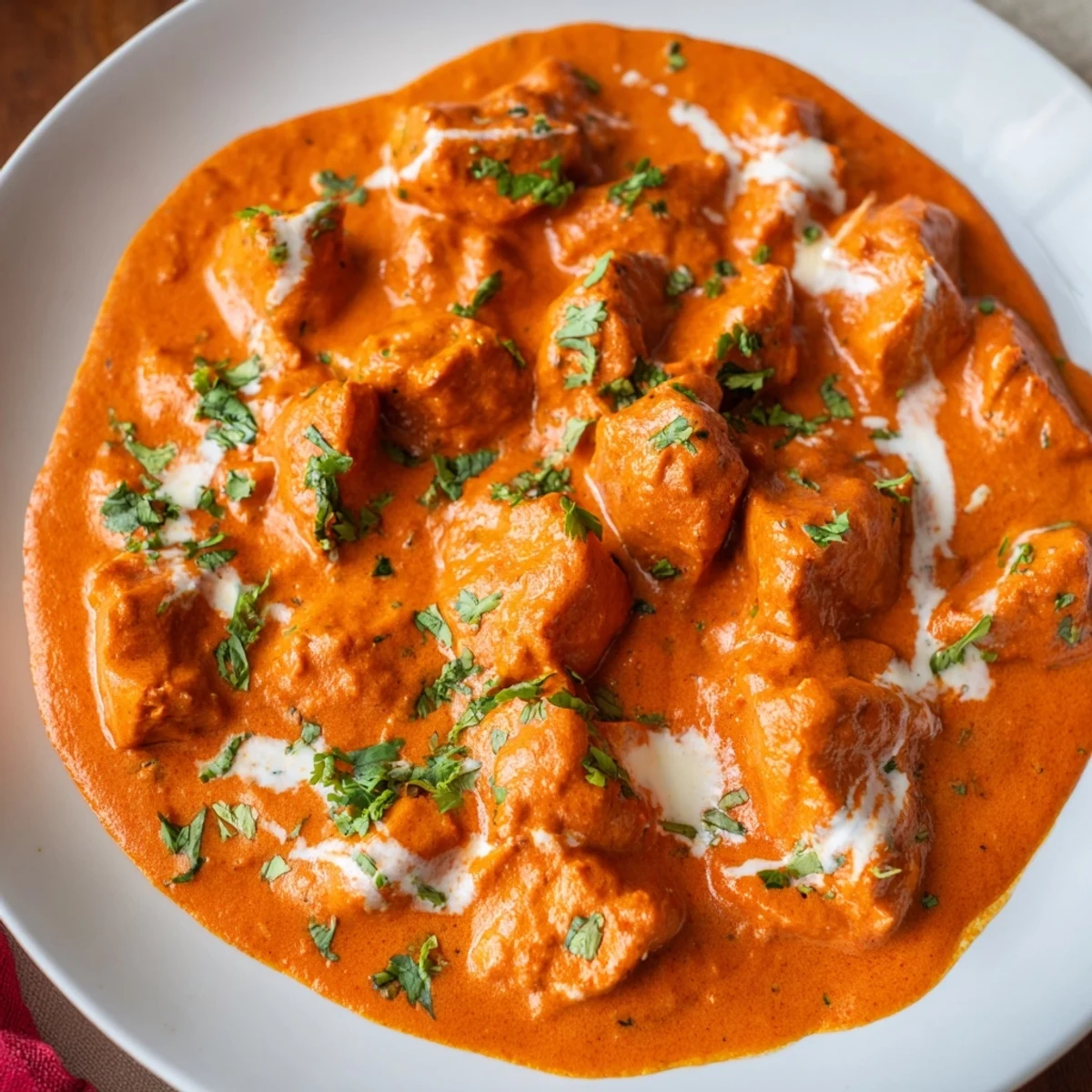 Tender chicken in a velvety tomato and cream sauce, with a vibrant garnish of fresh cilantro on top.