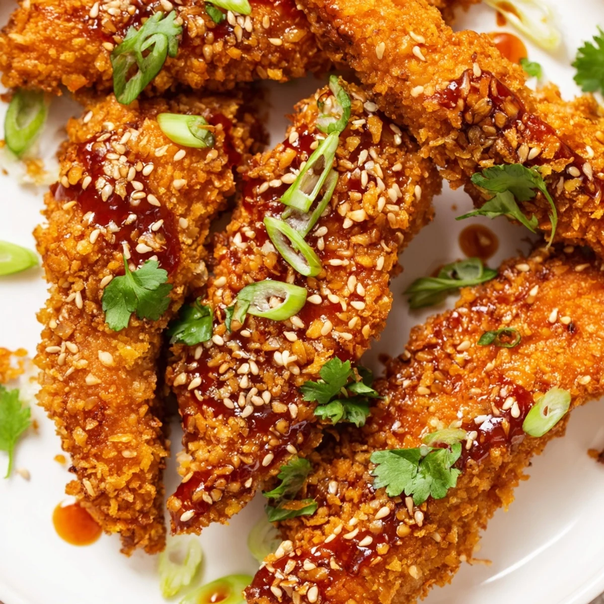 Golden-brown Thai Sticky Chicken Fingers arranged on a platter with fresh cilantro and sesame seeds.