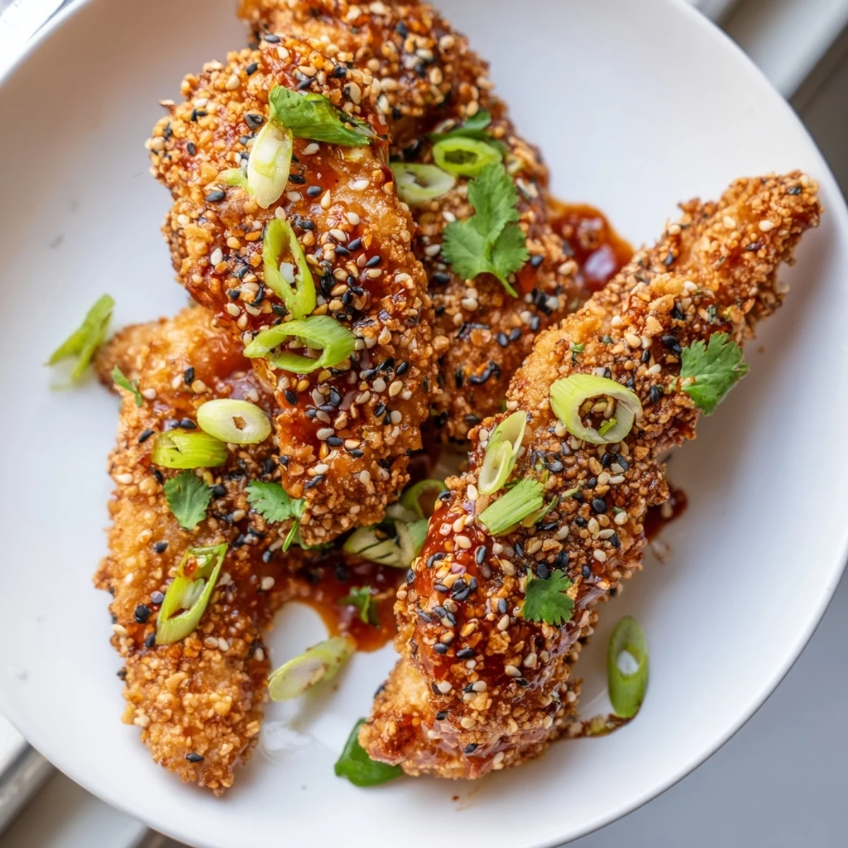 Savory Thai Sticky Chicken Fingers served with rice and fresh vegetable sticks for a family-friendly appetizer.