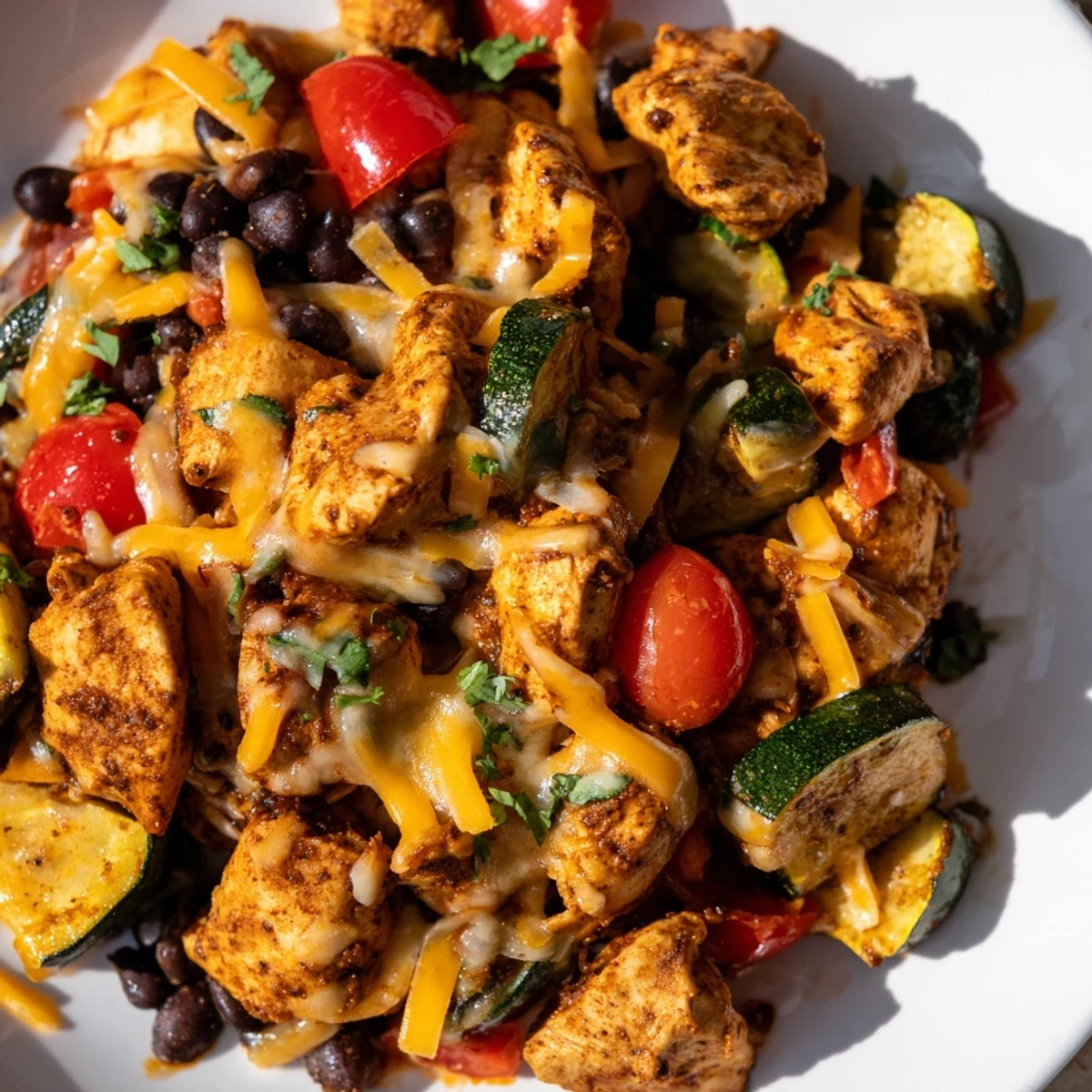 Skillet Tex Mex Chicken and Zucchini with melted cheese and sautéed zucchini, served hot with lime wedges.