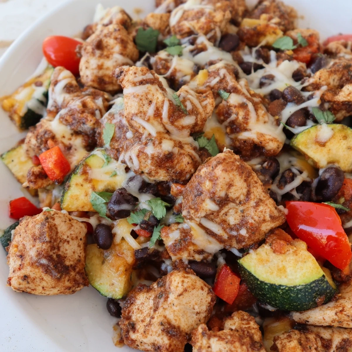 Tex Mex Chicken and Zucchini bubbling in a pan, featuring juicy chicken, black beans, and peppers for a weeknight dinner.