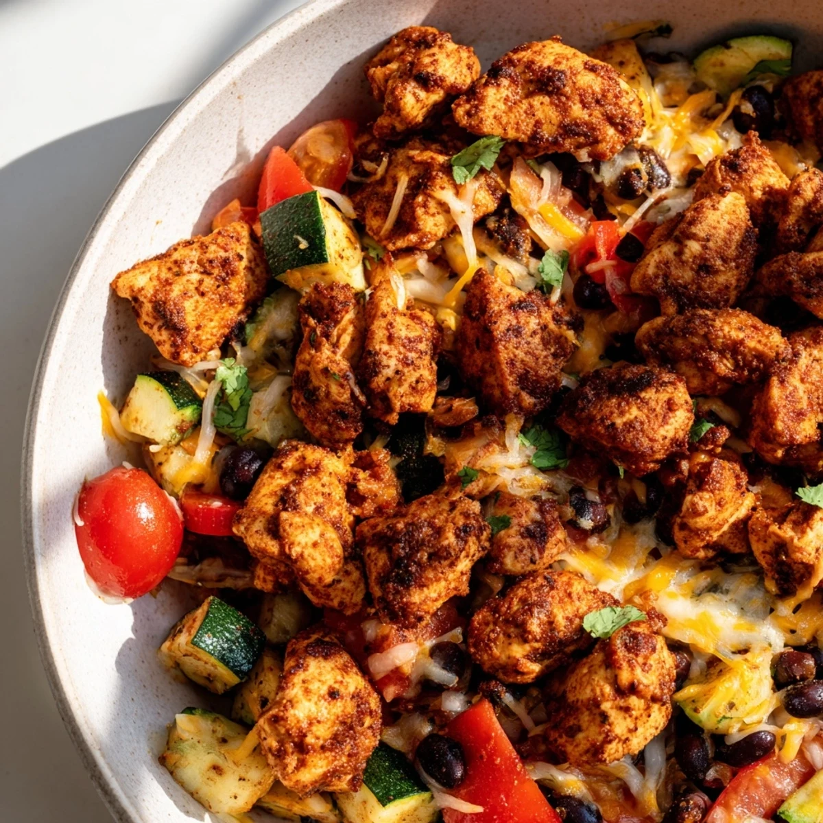 Colorful Tex Mex Chicken and Zucchini topped with cilantro and cheese, ready to scoop into warm tortillas.