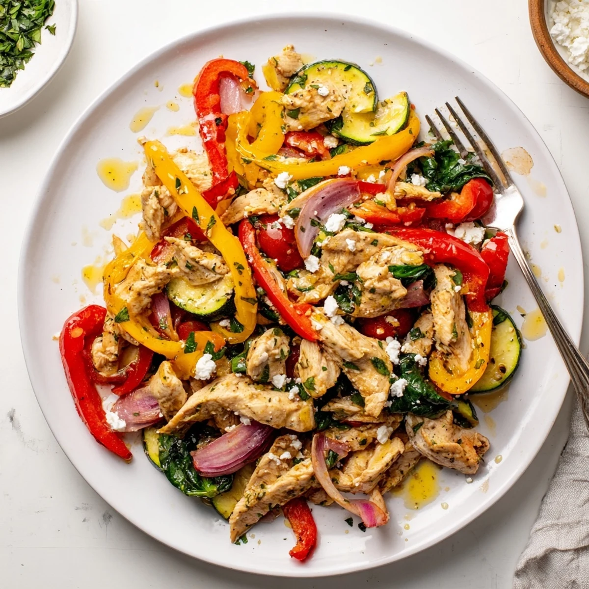 Fresh Mediterranean Chicken Stir Fry with tender chicken and vibrant bell peppers in a skillet.