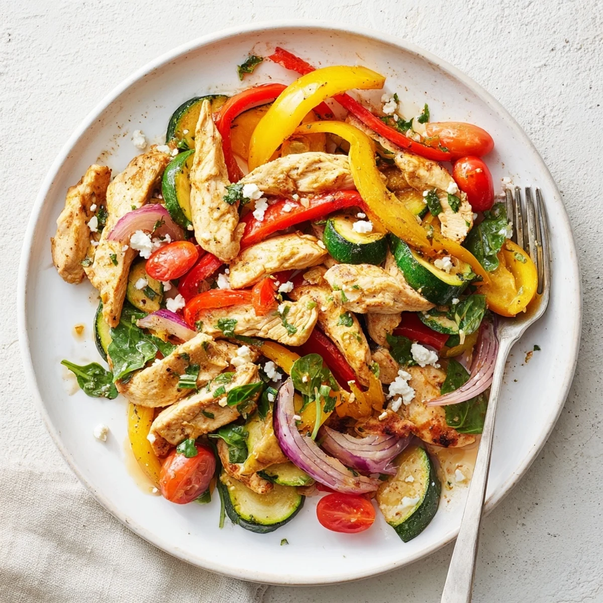 Juicy Mediterranean Chicken Stir Fry served over fluffy quinoa with a lemony, herb-infused sauce.
