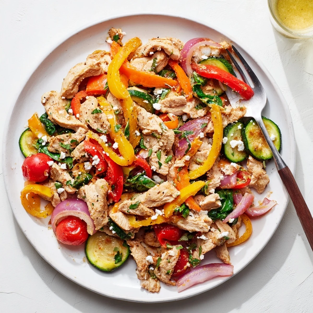 Sizzling Mediterranean Chicken Stir Fry with colorful vegetables and crumbled feta, ready to serve.