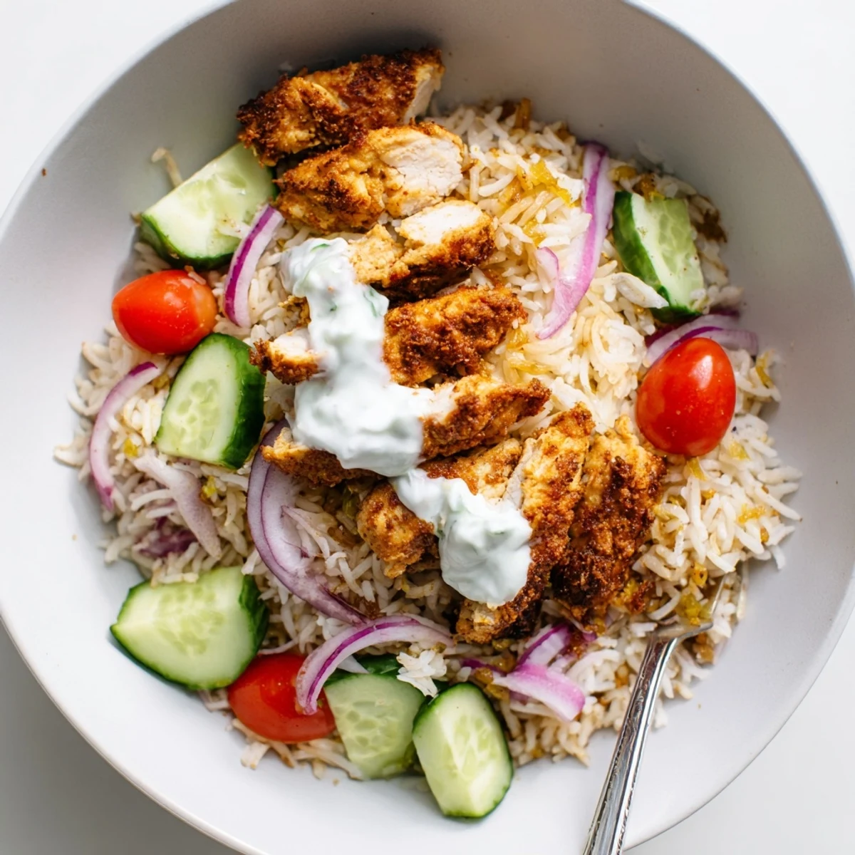 Vibrant bowl of Chicken Shawarma Crispy Rice Salad featuring warm spiced chicken, crisp basmati rice, and fresh red onion with a yogurt drizzle.