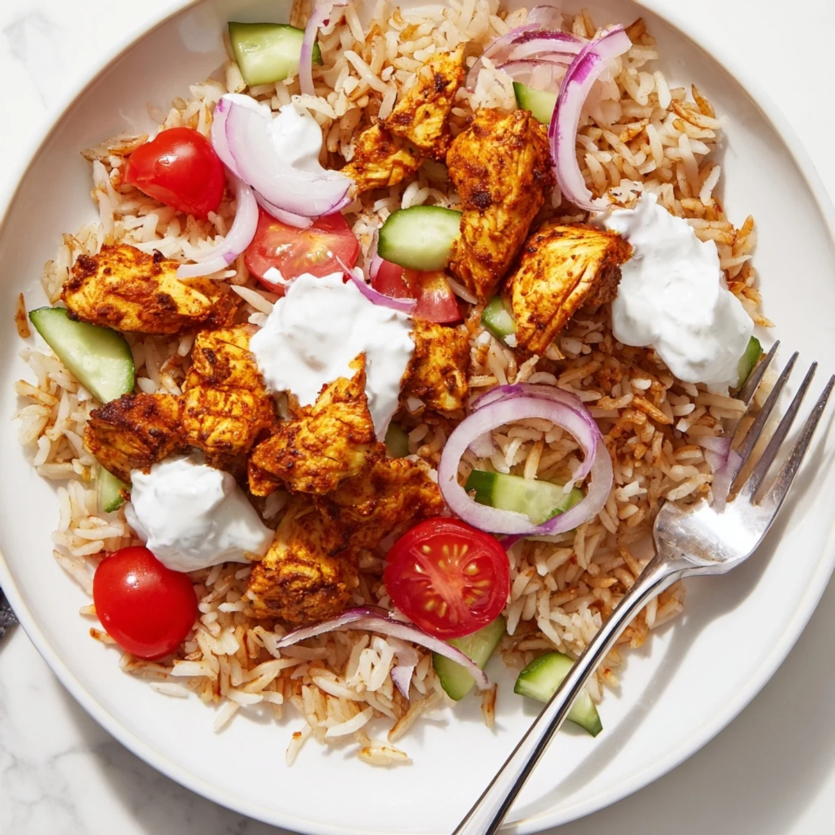 A close-up of Chicken Shawarma Crispy Rice Salad shows juicy chicken, diced cucumbers, and bright tomatoes over crunchy rice, ready to serve.