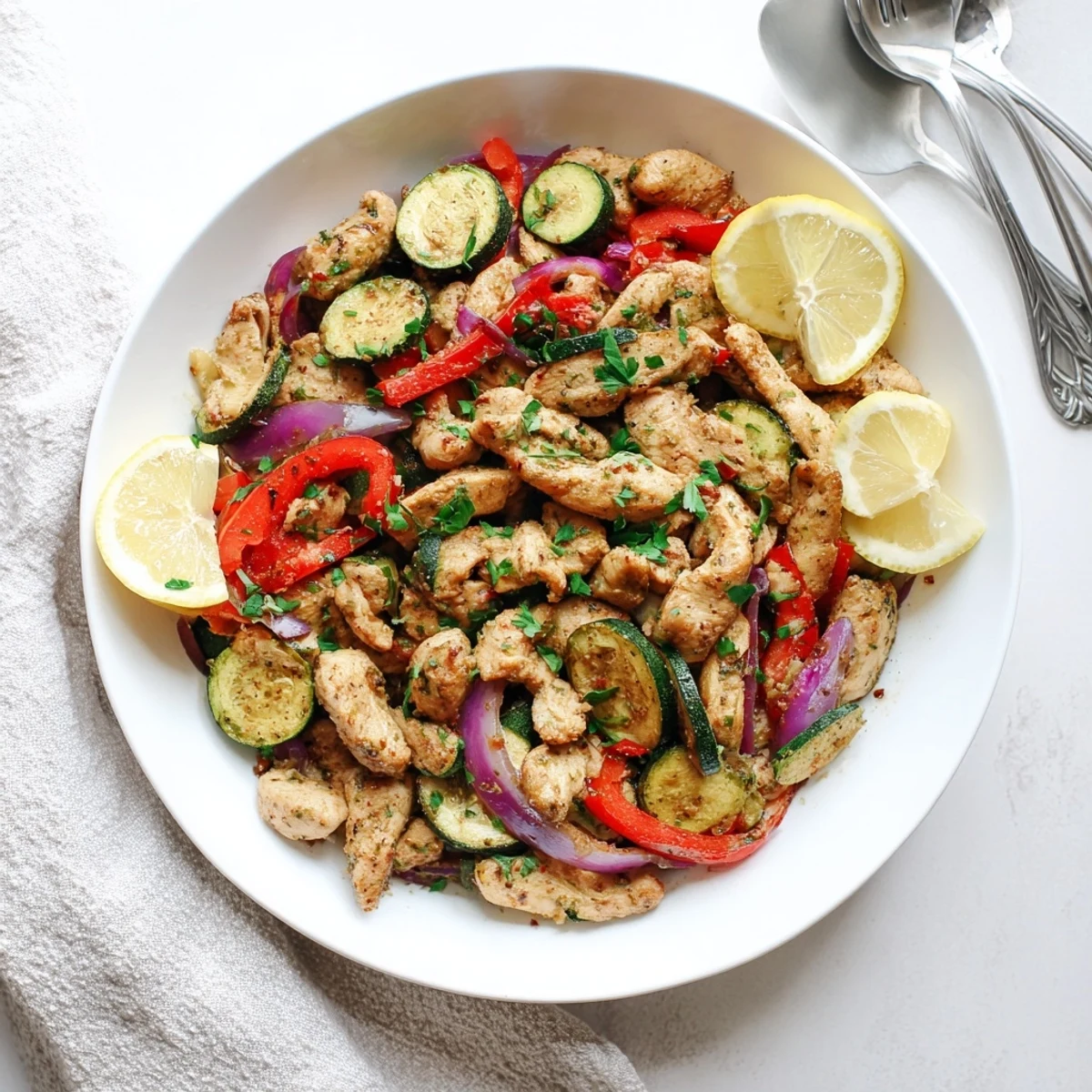 Bright Mediterranean Chicken Stir Fry with colorful bell pepper, zucchini, and red onion, garnished with fresh parsley and lemon wedges on a white plate.
