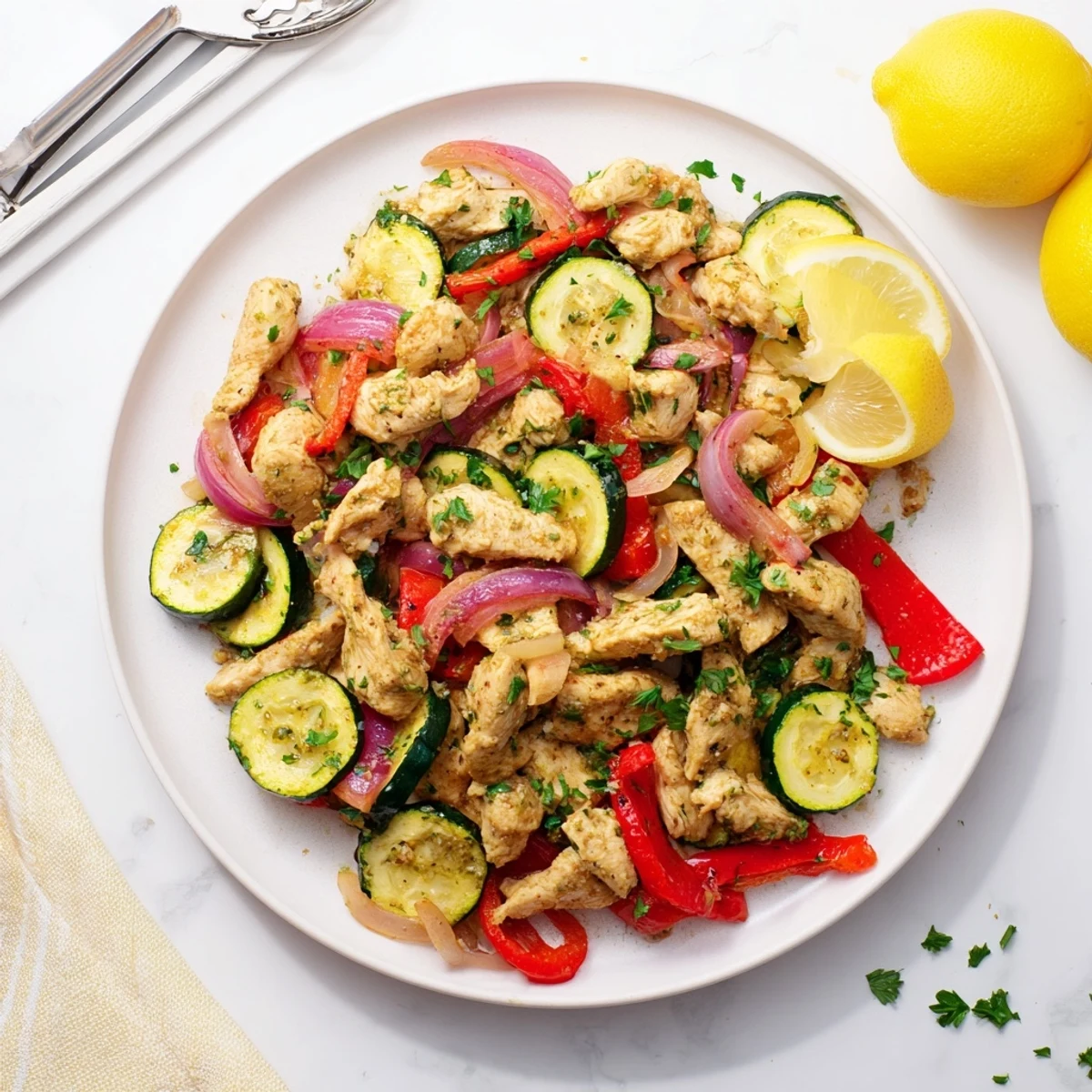 Quick Mediterranean Chicken Stir Fry served alongside fluffy quinoa, featuring golden seared chicken strips and tender-crisp vegetables for an easy weeknight dinner.